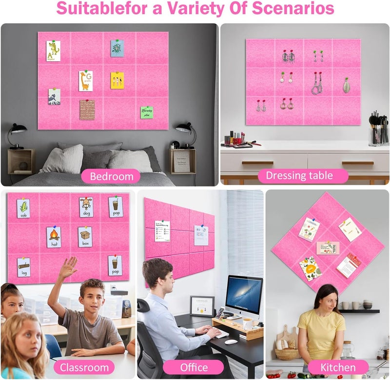 ZHIDIAN Felt Wall Tiles Bulletin Board with Removable Adhesive, 47"x35" Pink Cork Board Alternative with 40 Push Pins, 12 Pack Large Office Cork Tile Push Board Felt Squares for Walls - Image 4